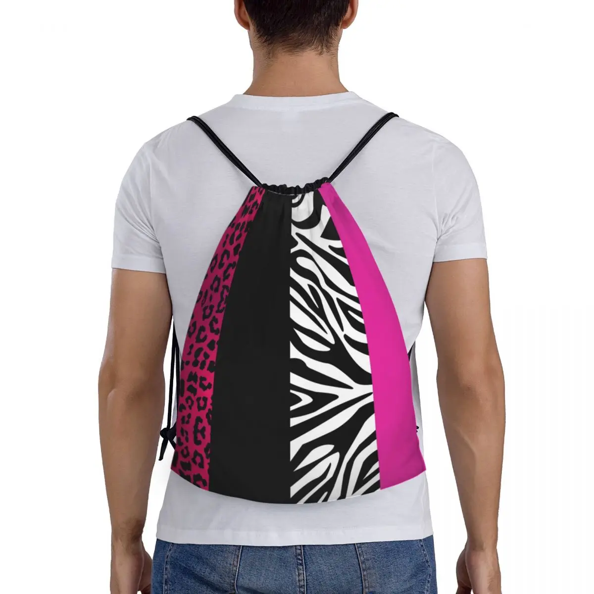 Custom Hot Pink Zebra And Leopard Animal Print Stripes Drawstring Bag Men Women Lightweight Sports Gym Storage Backpack