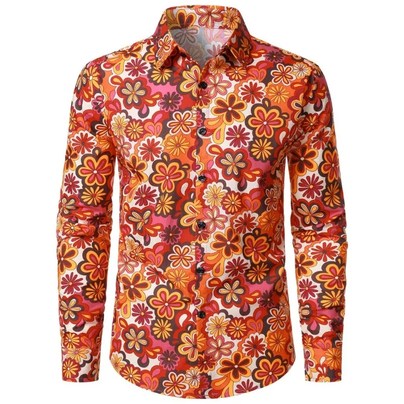 Men Retro 70s Hippie Floral Print Long Sleeve Shirt Lapel Collar Button‑Up Polyester Vacation Blouse
