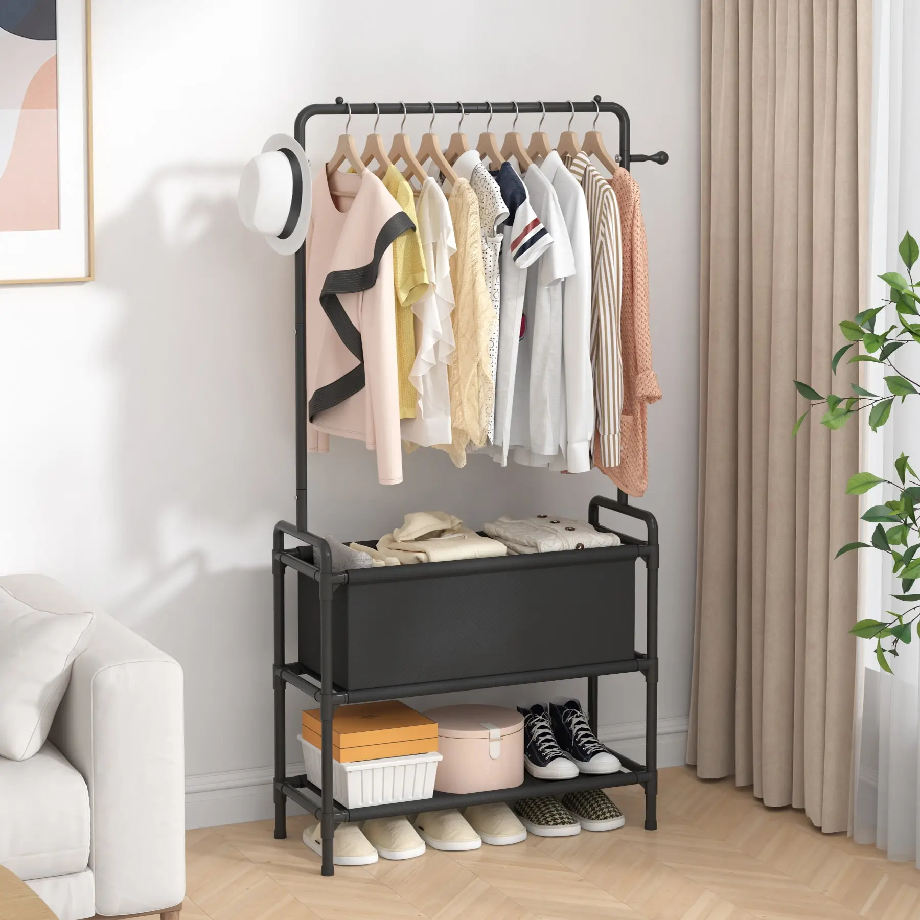 

2 Non-Woven Fabric Storage Shelves And 2 Hooks, Standard Garment Rack With Large Storage Bag, Mutil-Fuctional Clothes Rack For L