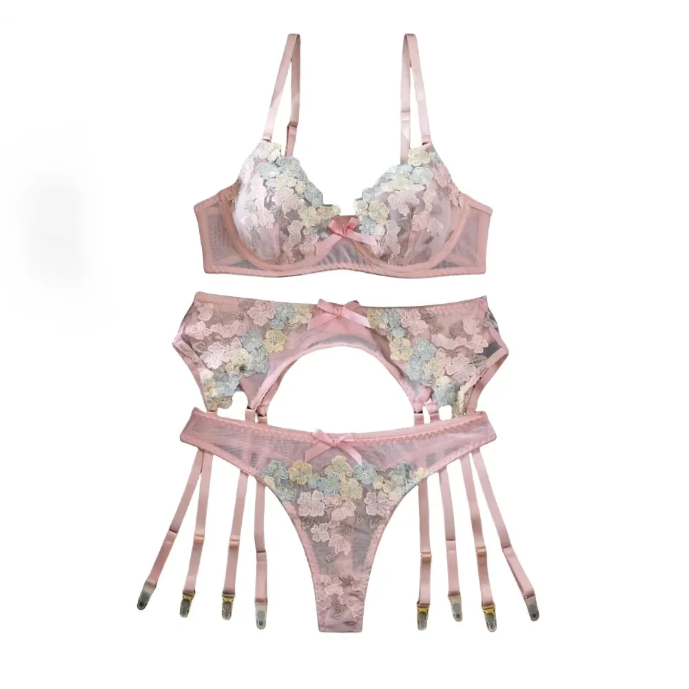 

Krasapt Romantic Bow Floral Embroidery Lingerie 3Pcs Sets Sexy Mesh See-through Bras And Panties Underwear Erotic Intimate Suit