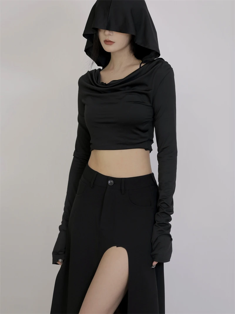 Dark Witch Niche Designer Style Four Seasons Black Hooded Pleated V-neck Long Sleeve Short Top Female Trendy Sweater Gothic Y2k