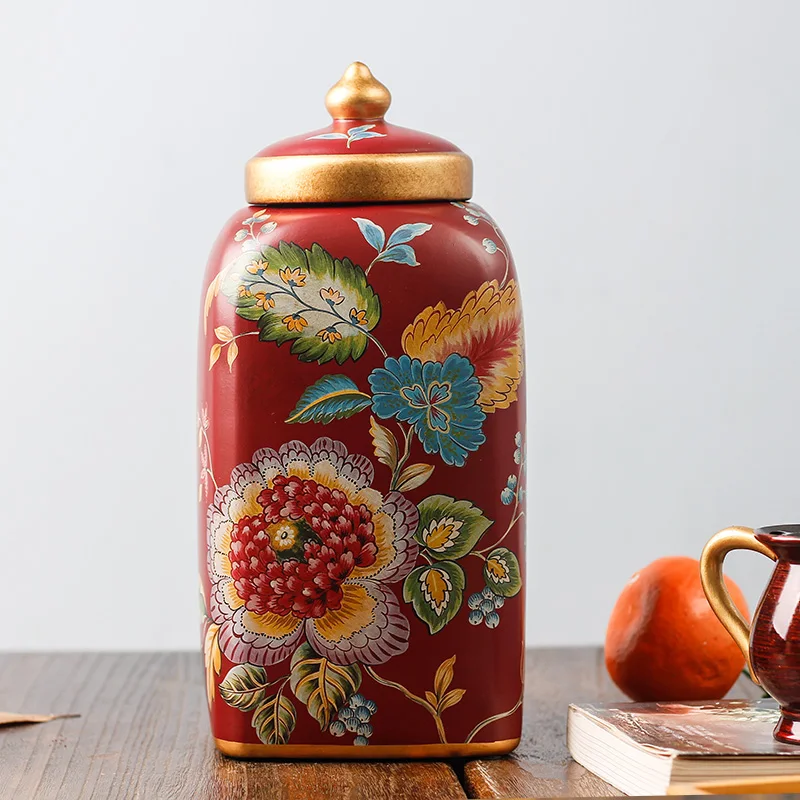 Ceramic red storage tank decoration tea can