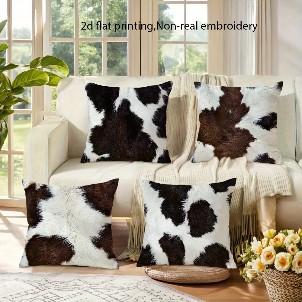 4Pcs Double‑Sided Vintage Faux‑Leather Effect Pillow Covers, 2D Flat Print Zipper Cushion Cases,Machine Washable for Living Room
