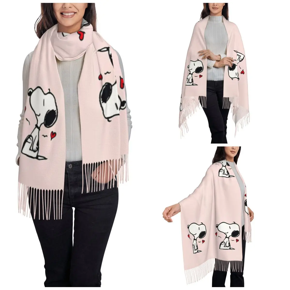 Peanuts Snoopy Love Shawl Wraps Women Winter Warm Long Soft Scarf Pashmina Tassel Scarves