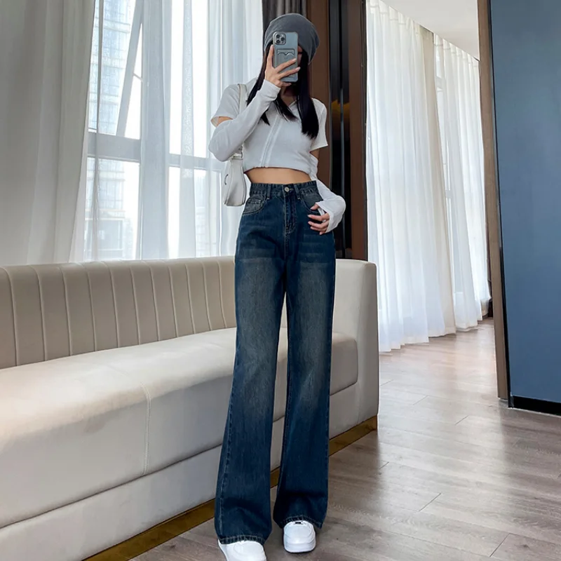 

Blue High Waist Women's Jeans Flare Pants Vintage American Fashion Street Wide Leg Jean Female Denim Trouser Baggy Denim Pants