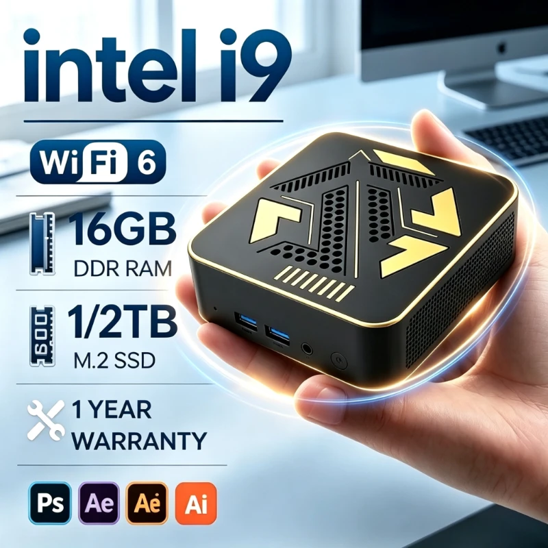 Mini PC Intel Core i9-8950HK, 16GB RAM, 1TB/2TB M.2 NVMe SSD, 4K Output, Compact High-Speed Mini Desktop for Office & Gaming