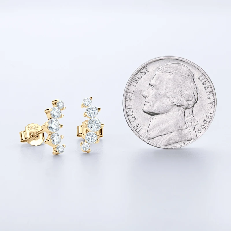 Lnngy Exquisite Round Cut 5 Stone Moissanite Climber Earrings 925 Sterling Silver Stud Earring For Women Fashion Girls Jewelry