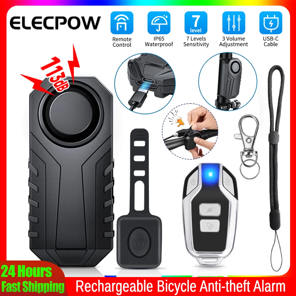 Elecpow Bicycle Alarm 113dB Rechargeable Bike Anti Theft Alarm System IP65 Waterproof Motorcycle Electric Scooter Alarm