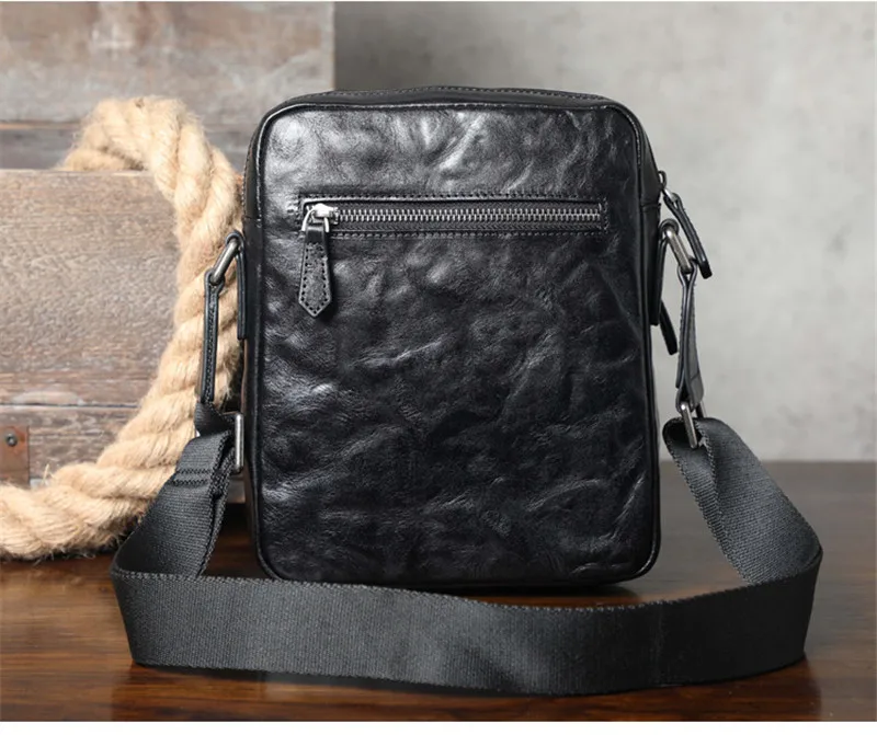 Casual vintage natural genuine leather men's black shoulder bag simple daily pleated luxury real cowhide small messenger bag
