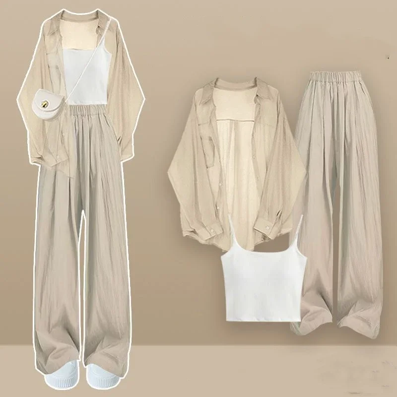 2025 Summer New Women Casual Sunscreen Shirts Sling Wide Leg Pants Three Piece Suits Lady Loose Solid Tops Vest Trousers Outfits