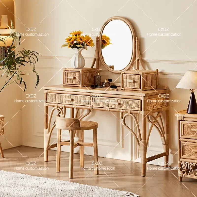 Japanese Style Rattan Dresser Chair Wabi Sabi Bedroom Makeup Table with Mirror for Small Apartment Integrated Vanity Desk