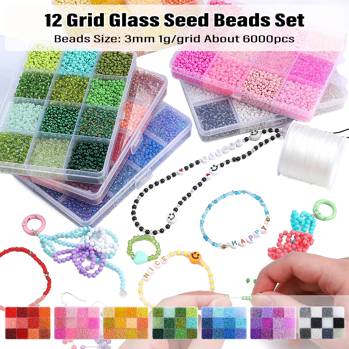 

12 Grid 3mm Glass Seed Beads Set For DIY Jewelry Making Handmade Bracelets Necklace Earrings Accessories 15g/grid About 6000pcs