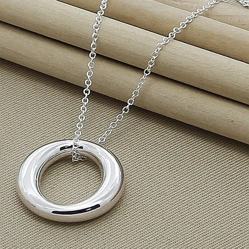 

925 Sterling Silver Round Circle Pendant Necklace Chain Women Wedding Fashion Jewelry