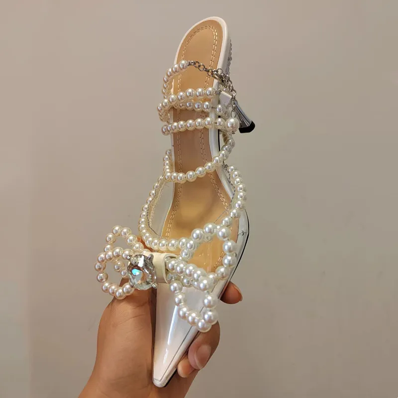 Luxury Rhinestone Soft Clear PVC Women Pumps Sexy Ankle Strap Pearls bowknot Thin High heels Fashion Summer Wedding Bridal Shoes