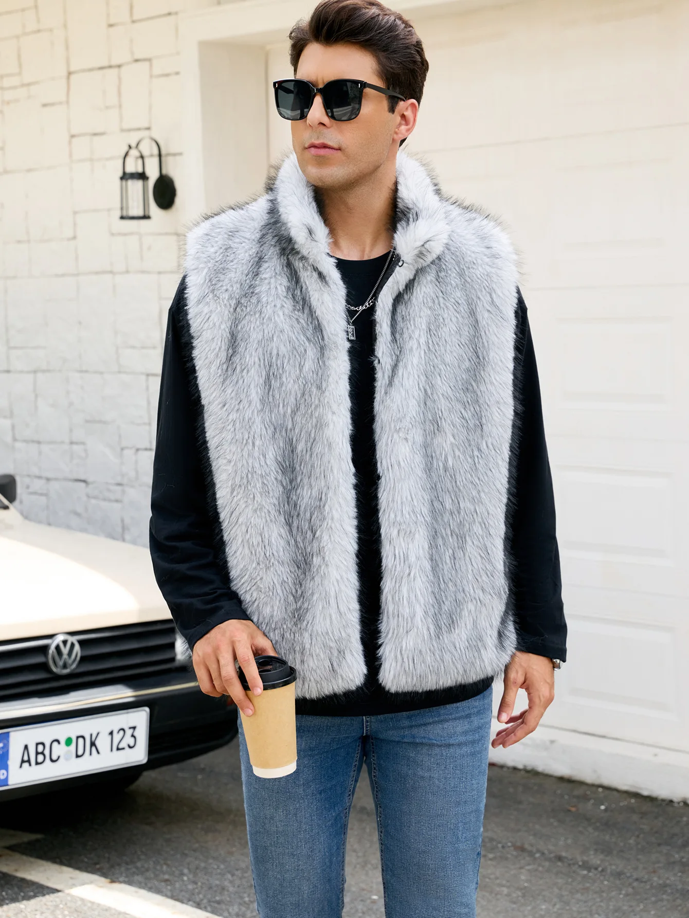 Men's Stand-Up Collar Faux Fur Vest 2025 New Fashion Artificial Fur Coat Trendy Men's Outerwear