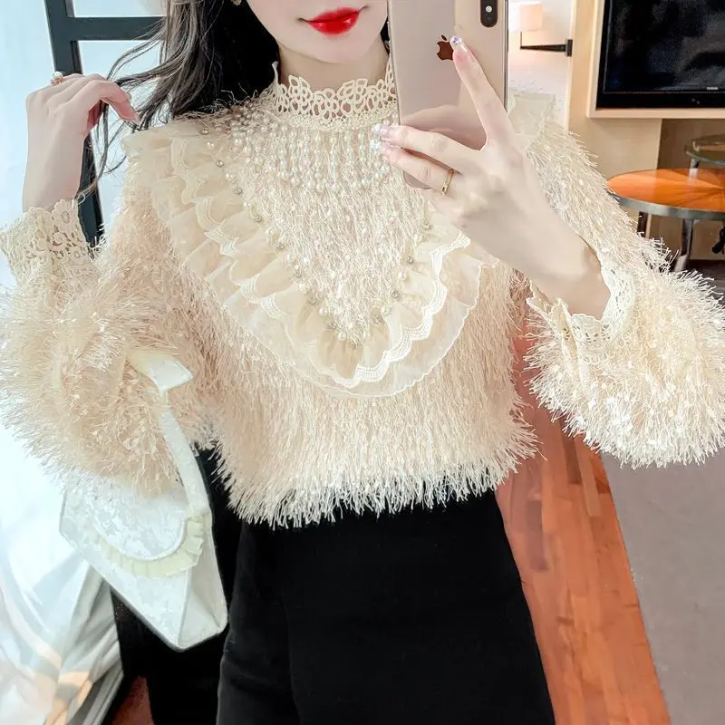 Top de encaje con cuello levantado y manga larga gruesa para mujer, camisa de terciopelo de seda con diamantes de lujo, Otoño Invierno TT754