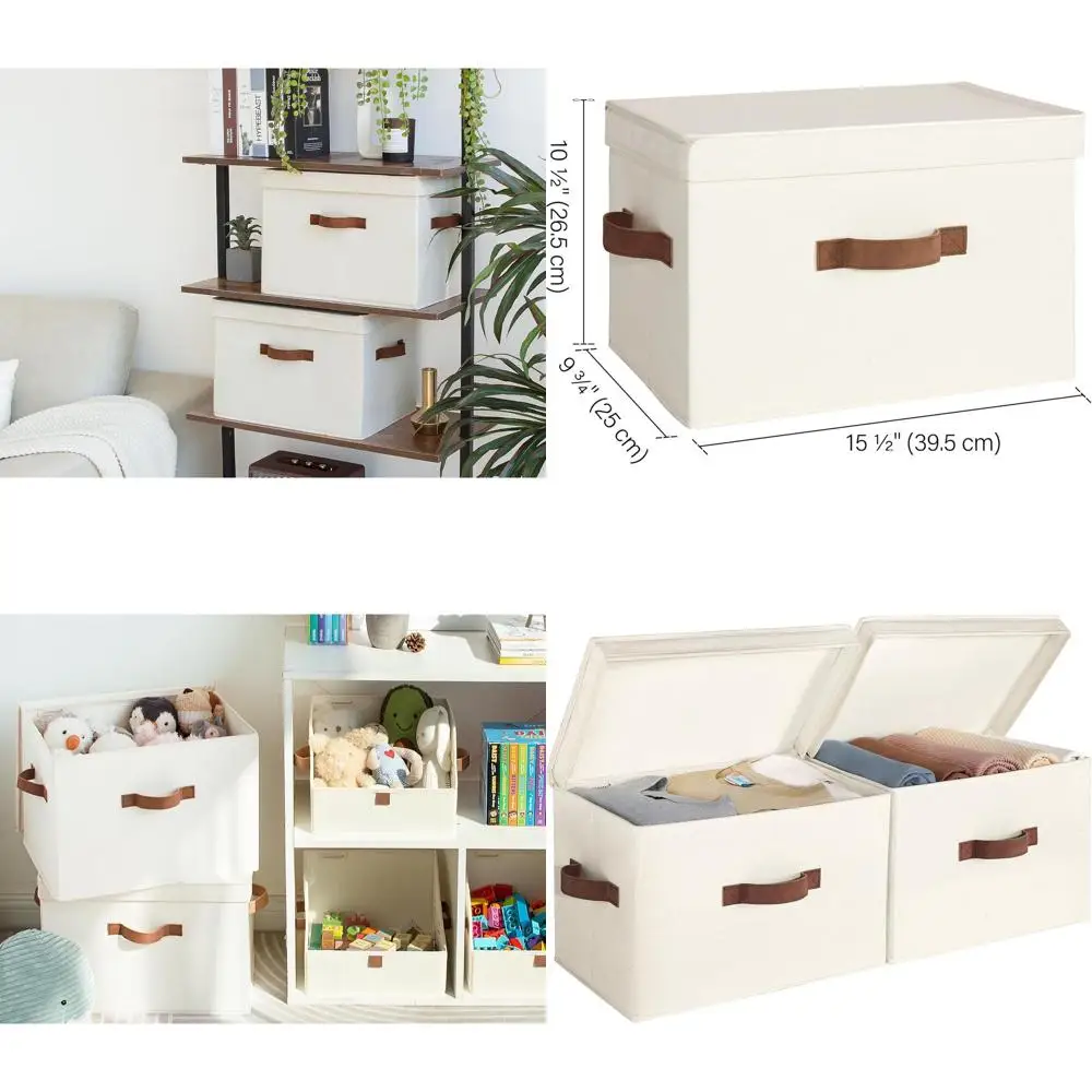 

Ivory Stackable Storage Bins with Lids, 2-Piece Decorative Organizers for Shelves and Closets, Large