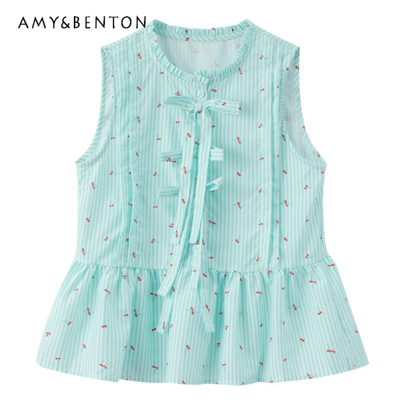 

2025 Summer New Mint Green Striped Floral Women's Sleeveless Top French Total Bow Loose Thin Cute Sweet Age-reducing Vest Ladies