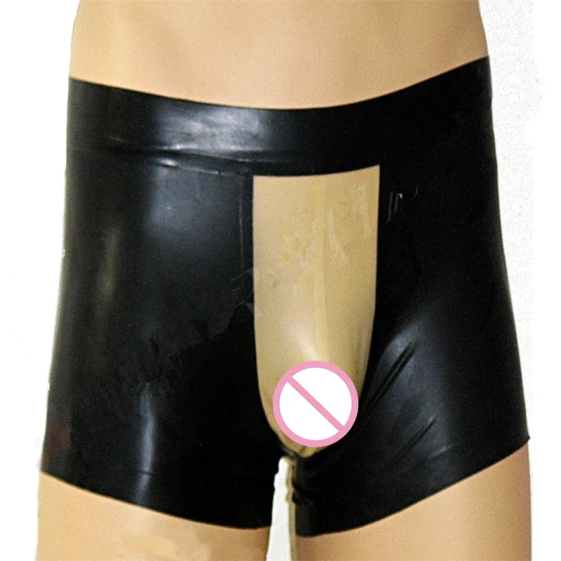 Men Latex Panties Gummi Shorts Rubber Boxer Black with Transparent Underwear 0.4mm Customized (No Zip)