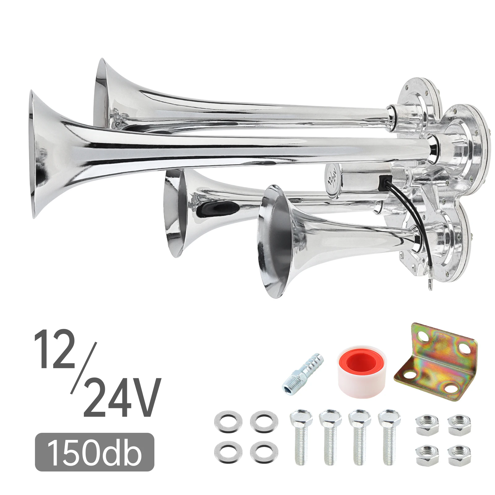 

12V / 24V 150db Super Loud Four Trumpet Air Horn for Car Vehicle Truck Train Boat, Robust Auto Car Air Horn