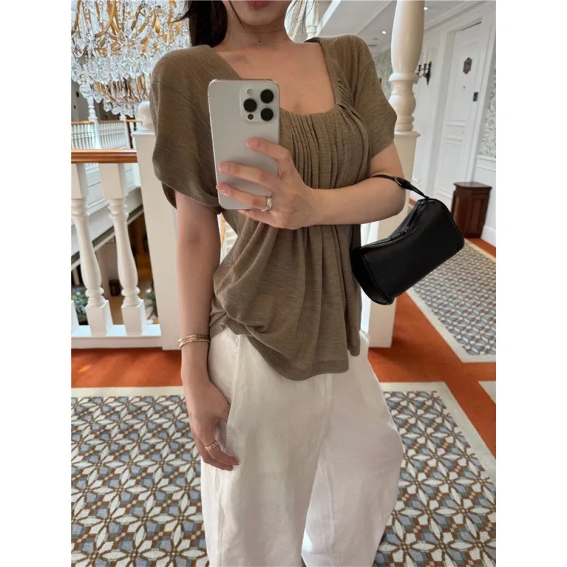 Lazy Wind U-neck Pleated Short-sleeved T-shirt Women's Design Sense Casual Versatile Top