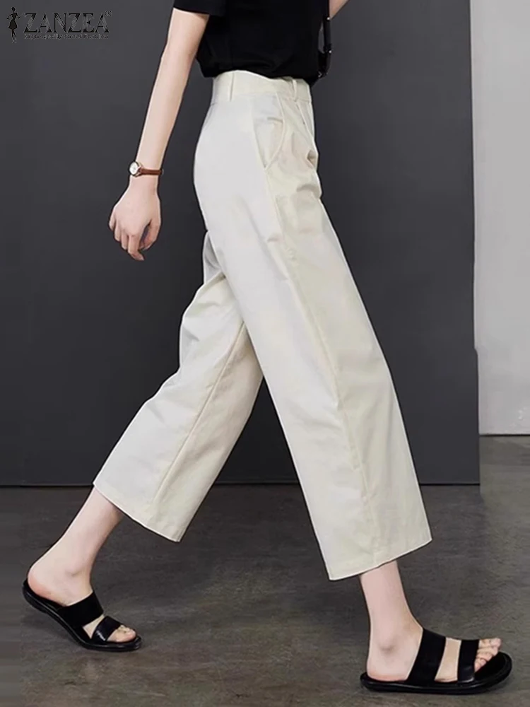 

ZANZEA Korean Solid Work Long Pants 2024 Summer Wide Leg Trousers Fashion High Waist Pocket Pants Vintage Casual Office Pantalon