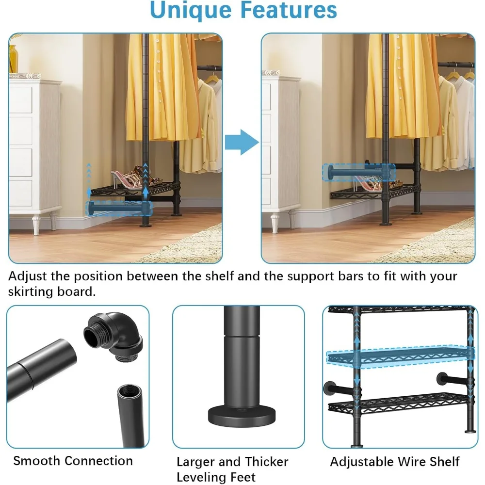 F3 Garment Rack Heavy Duty Clothes Rack for Hanging Clothes, Expandable Industrial Pipe Wall Mounted Clothing Racks