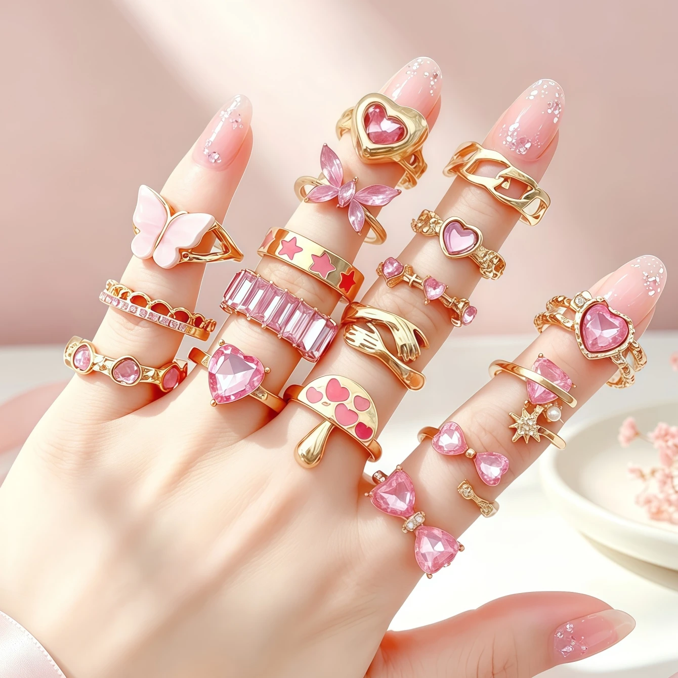 Elegant Fashion Pink Rhinestone Flowers Heart Butterfly Rings Set For Women Mix Style Trendy  Finger Jewelry Party Gifts