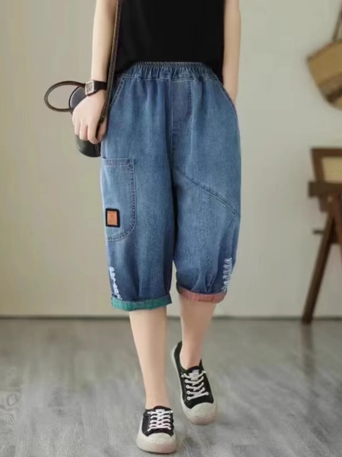 여름 빈티지 웨이드 데님 5부 바지 여성용 루즈 슬림 하란 캐주얼 얇은 하이웨이스트 6피트 청바지 랜턴 팬츠