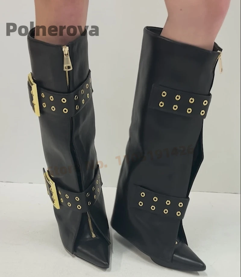 

Сапоги до колена с пряжкой и ремешком, женские черные кожаные сапоги до колена с острым носком на высоком каблуке-шпильке, новая роскошная женская обувь для вечеринок на молнии спереди