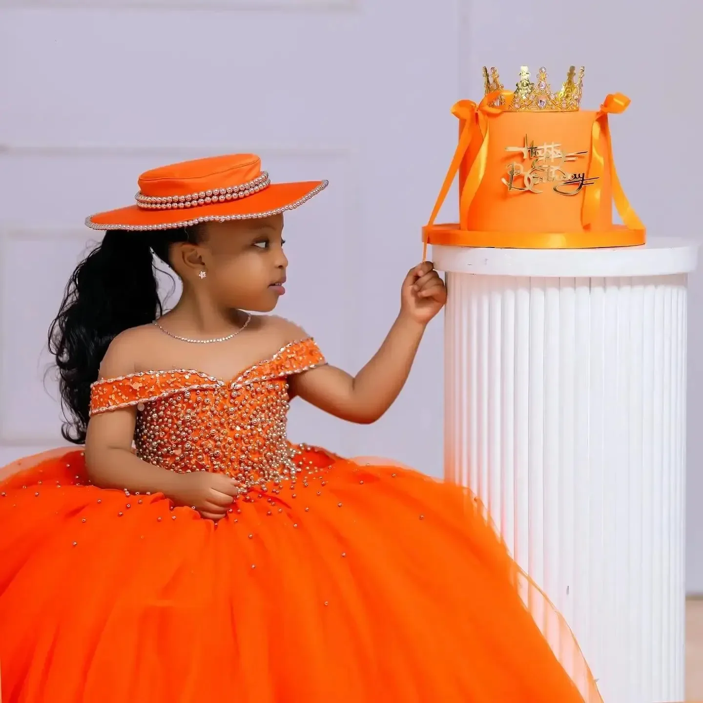 Custom Orange Off Shoulder Beaded Tulle Flower Girl Dress First Christmas Wedding Party Princess Gown فساتين اطفال س image 5