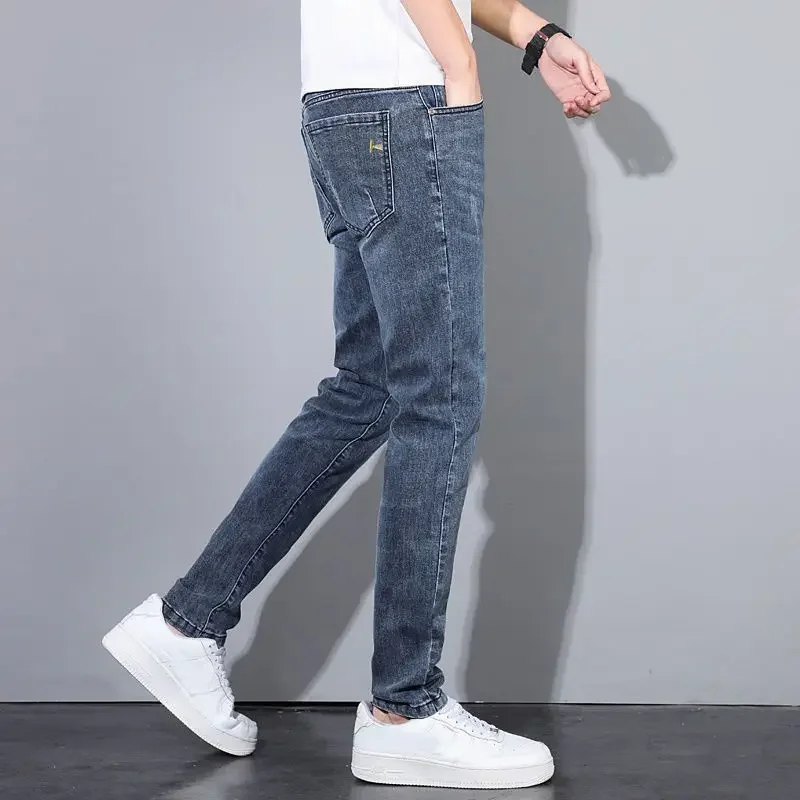 Nieuwe 2023 Koreaanse Straat Harajuku Stretch Denim Jeans S Kleding Luxe Italiaanse Borduurwerk Bluelluxe Kleding Voor Heren Coole Broek