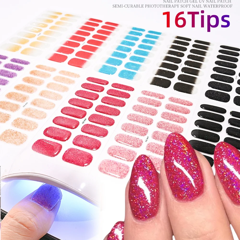 16 Tips Rose Pink Glossy Semi-Cured Nail Stickers Glitter Long-Lasting UV Gel Nail Foils Full Cover LED Extension Gel Nail Foils