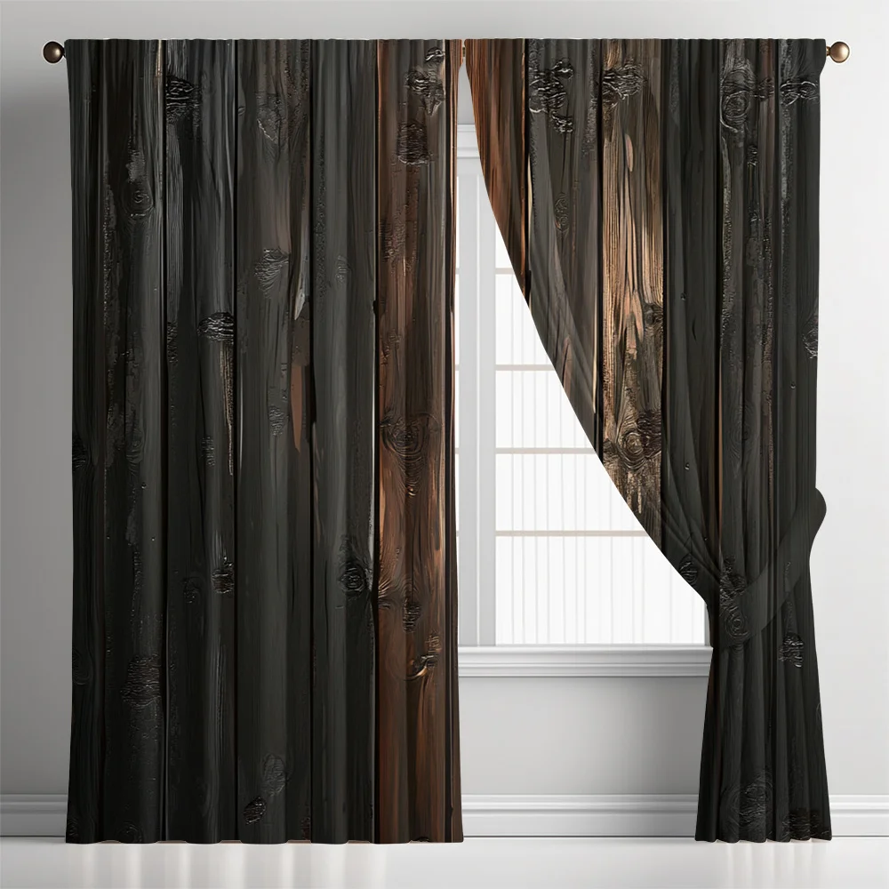 Modern Black Wood Grain Curtains for Living Room Bedroom Home Decor Semi-Sheer Window Drapes
