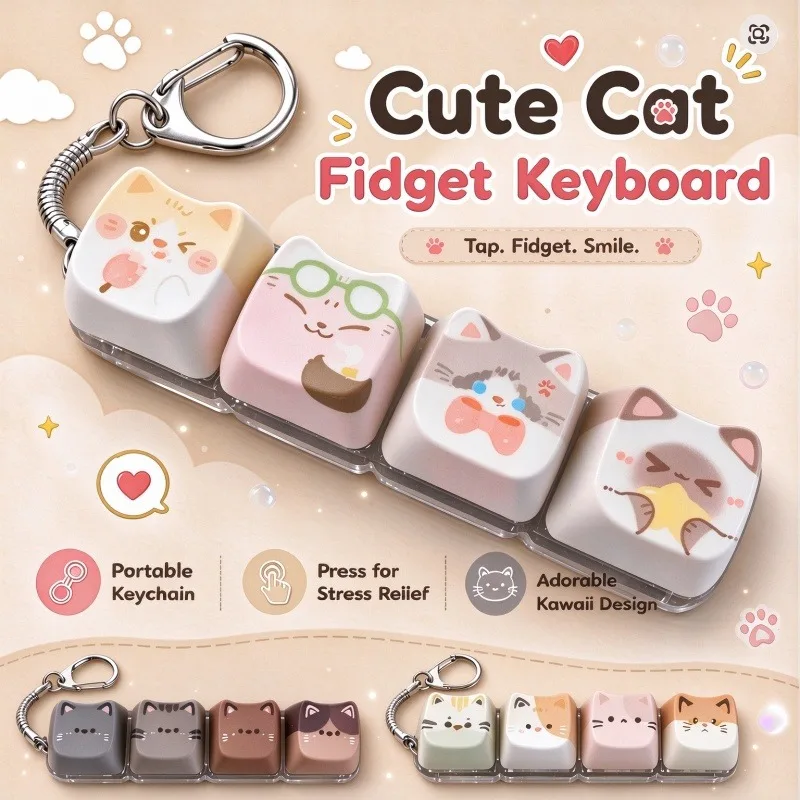 Cute Cat 4-Key Keyboard Fidget Toy ASMR Crisp Sound Relax Button Keycap Mini Portable Stress Relief Fidget Clicker Keychain Gift