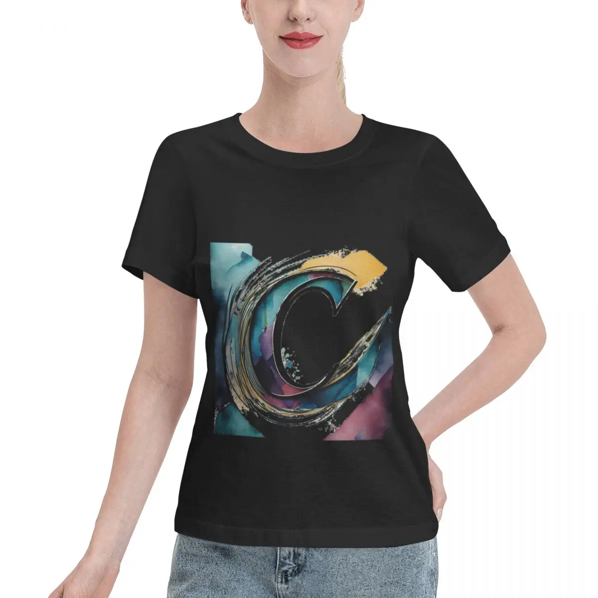 Top Rated Alphabet Artistic Painting Letter C Women's T-shirt Spring Outfit Classic Solid Tee