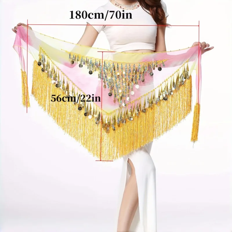 1 SZT. Cekinowa Frędzla Łańcuszek do Tańca Latynoamerykańskiego Pas Biodrowy na Imprezę Występ Dekoracja - Poliestrowy Trójkątny Łańcuszek na Pas z Monetami i Frędzlami