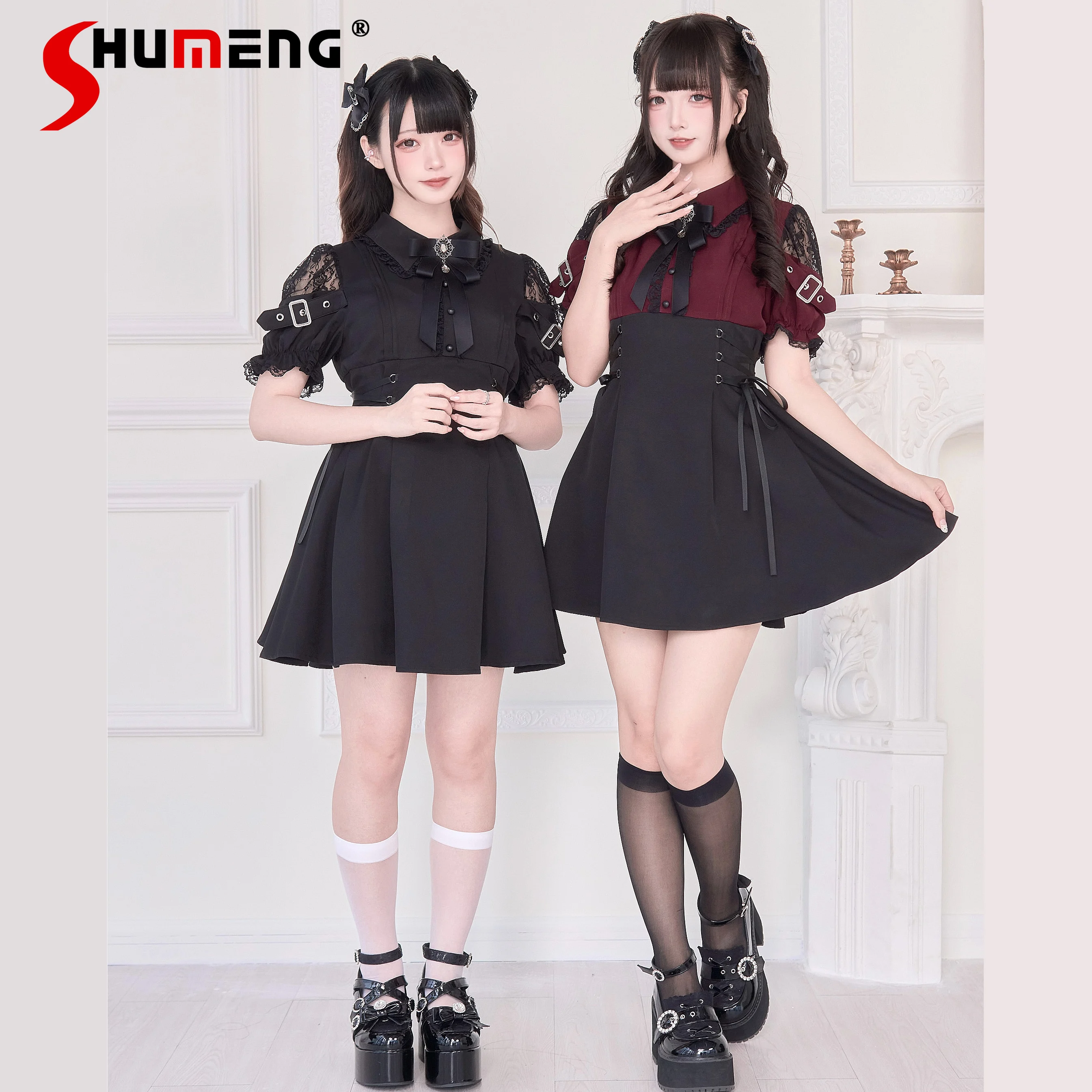 

Japanese Subculture Mine Style Dresses Lace Splicing Doll Collar Puff Sleeve High Waist Lace-up Slim A-line Lolita Dress Women