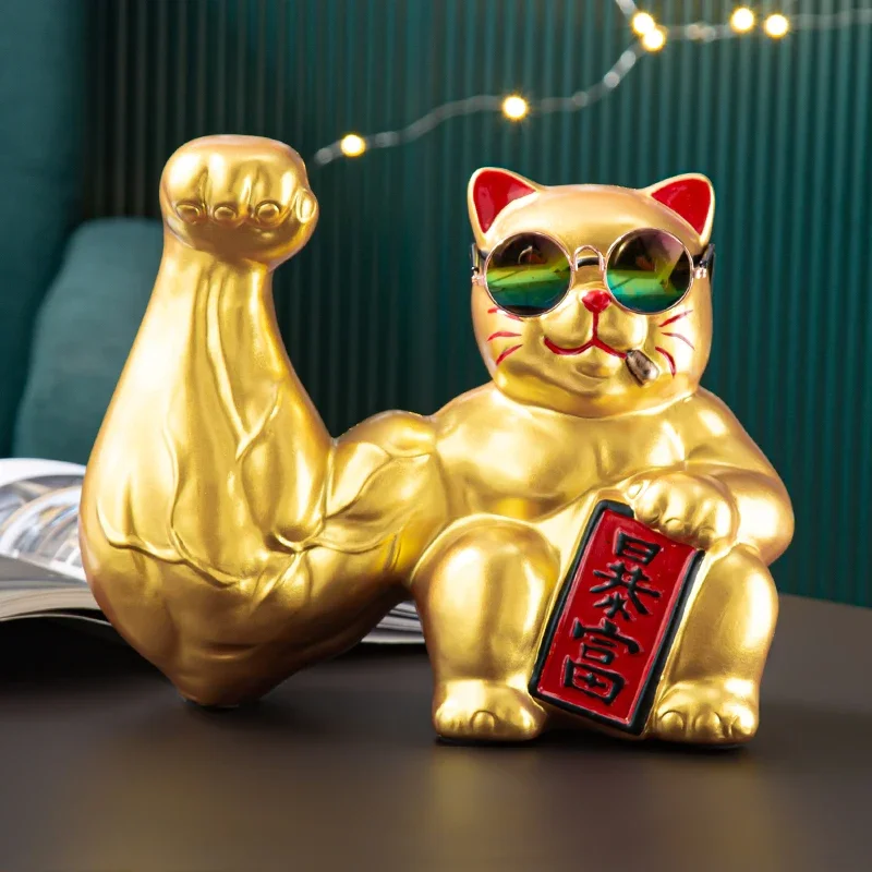 

Creative Ceramic Lucky Cat Vigorous Muscle Giant Arm Lucky Cat Crafts Golden Animal Decoration Parlor Shop Window Ornaments Gift