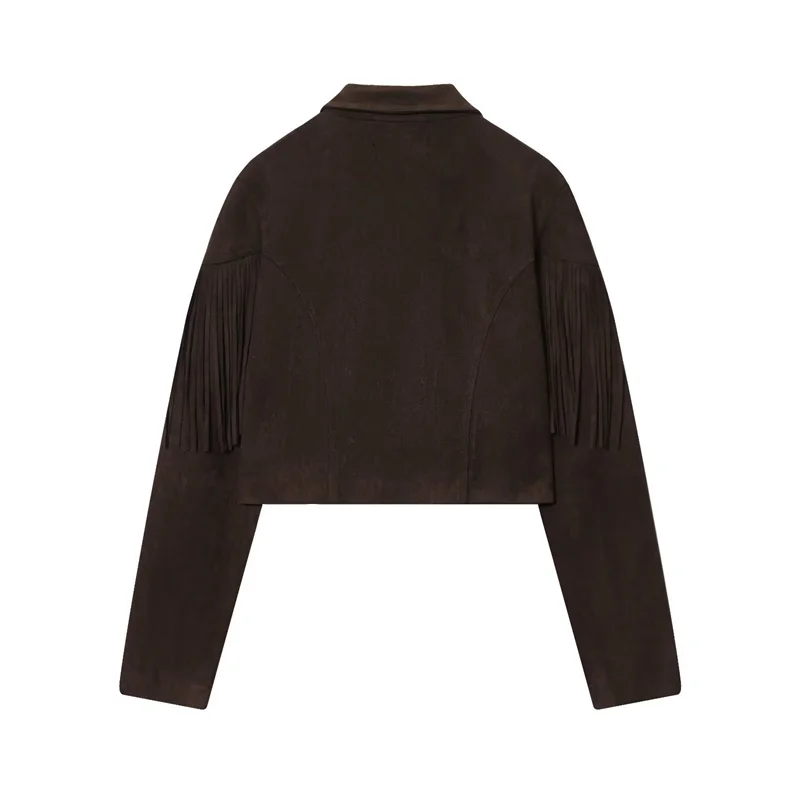 Chaqueta de mujer 2025 otoño nuevo estilo marrón oscuro de manga larga de gamuza con flecos Chaqueta corta estilo motociclista moderno y a la moda