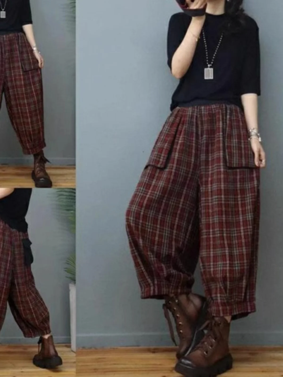 

Spring Season Loose Women's Casual Pants Vintage Checkered Lantern Pants Nine Points Slimming Versatile Trendy And Pear...
