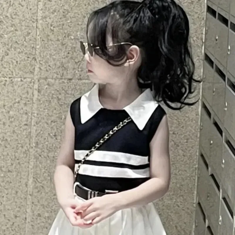 

Fashionable Pleated Skirt Two Piece Set New Baby Girls Knitted Polo Shirt Summer Set Latest Children's Western Style Tank Top