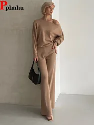 Korean Sexy Knitted 2 Piece Sets Women Skew Collar Long Sleeve Knitwears Pullover Conjuntos High Waist Wide Leg Pants Outfit New