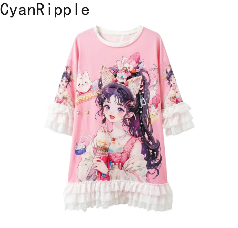 2026 New Summer Oversize Round Neck Pullover Top Cute Cartoon Printed Mid-long Princess Dress Elegant Lace Half Sleeve T-shirt