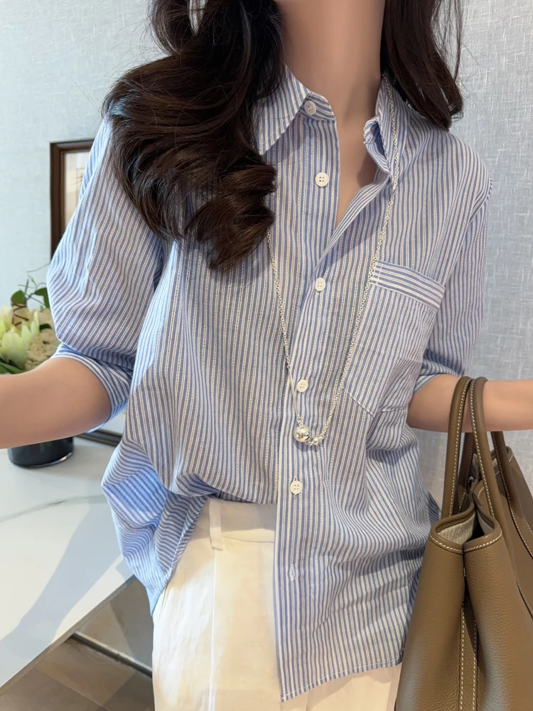 

Chic Blue White Vertical Stripes Casual Five-Quarter Sve Pure Cotton Women's irt Ele Attractive Collar Button up