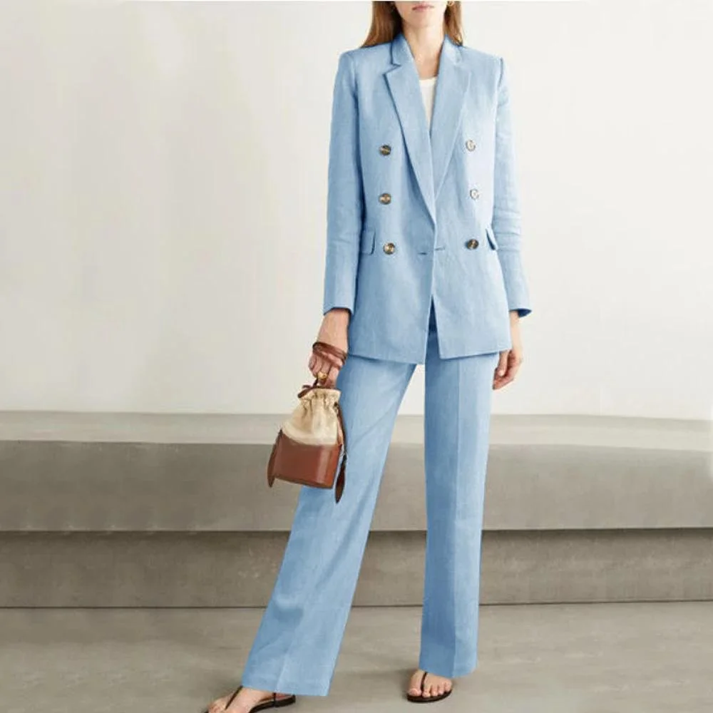 Dames volledig pakset Grote maten dames casual pak met dubbele rij knopen Elegante formele broek 2-delige set (top + broek) Aanpassen