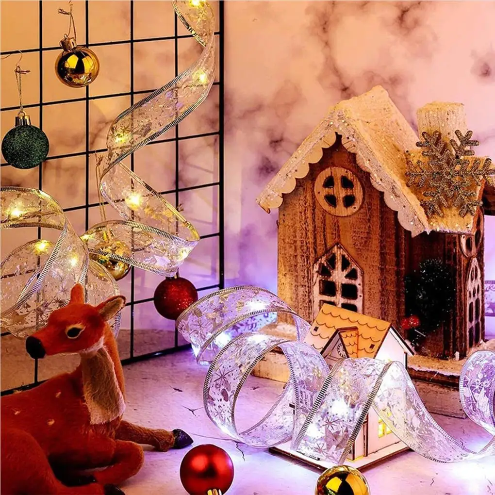 LED Light String Christmas Ornaments DIY Lace Bows Ribbon Lamps Decorative Window Lights Holiday Bar Curtain Door