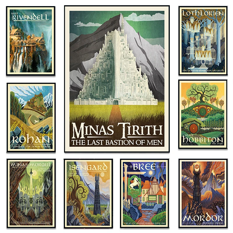 Movie LOTR Rings Middle-Earth Tolkien Travel Vintage Posters and Prints Canvas Printing Wall Art Picture for Living Room Decor