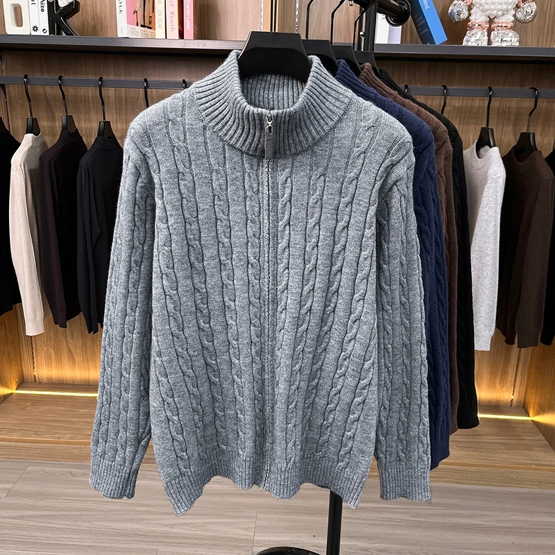 Luxury fashion jacquard sweater cardigan men's autumn winter comfort stand up collar solid color new casual zipper knitted coat