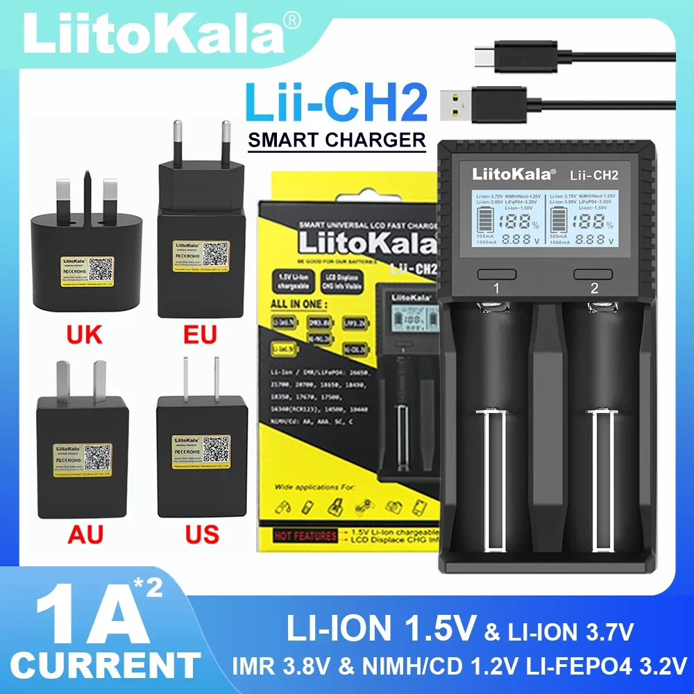 LiitoKala Lii-CH2-5V 2A UE EE. UU. Reino Unido AU enchufe 21700 18650 26650 cargador de batería para 1,5 V AA AAA batería recargable 1,2 V 3,2 V 3,7 V